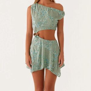 PEPPERMAYO Sequin Off the Shoulder Sz 6 Women's Green Blue Going Out Mini Dress